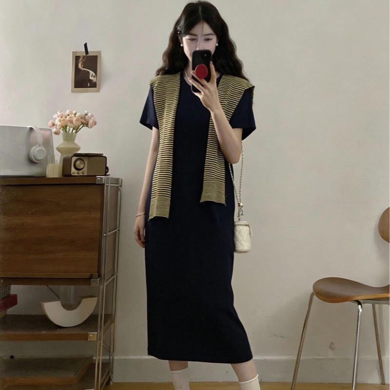 B219(6708) 韩版气质拼接蓝黄横纹披肩蓝针织连身裙