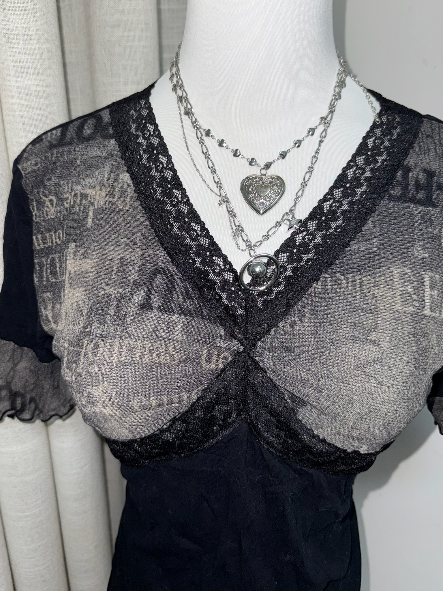 Grunge Aesthetic Graphic Tee with Lace Trim