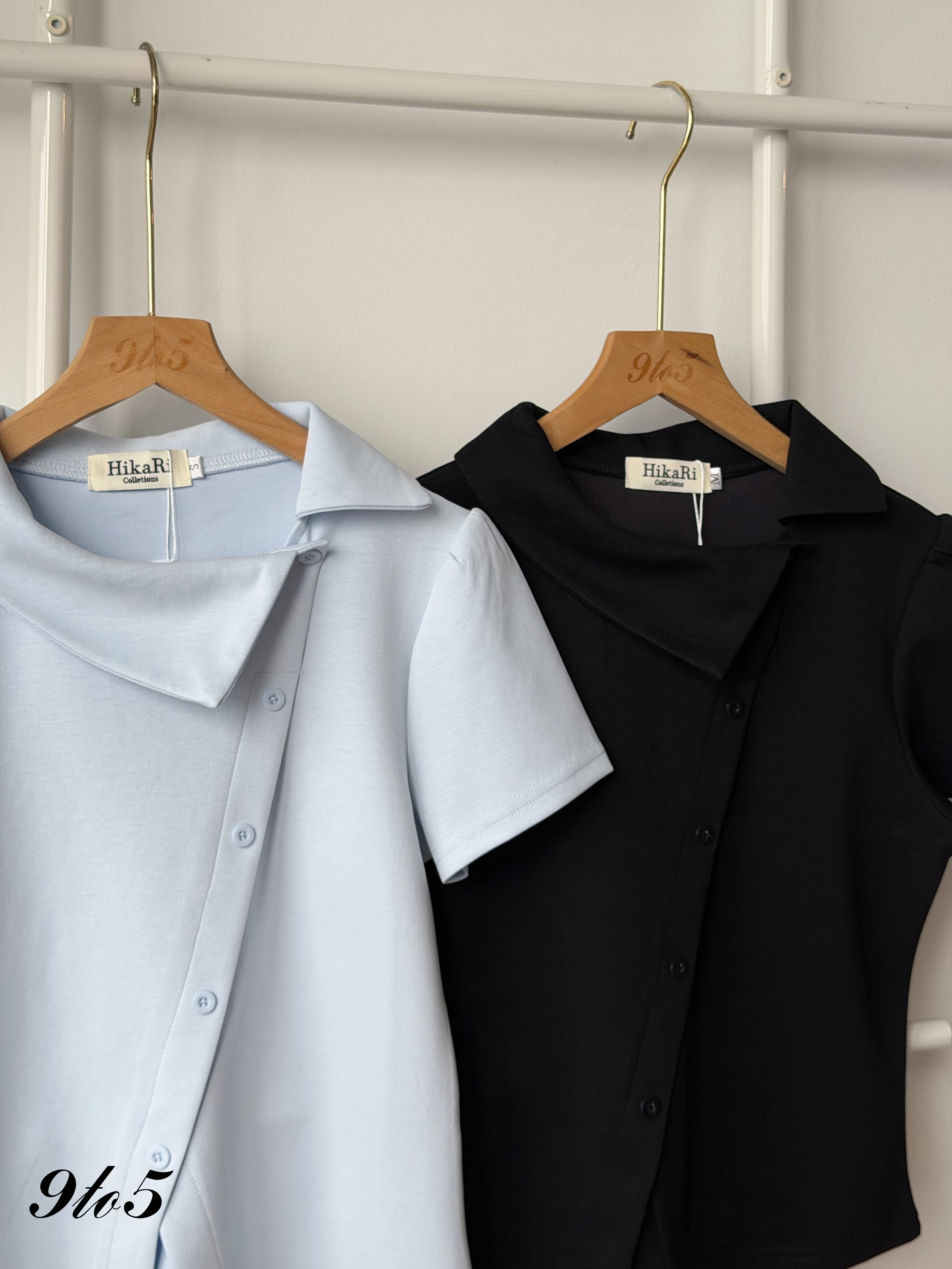 T4483 Irregular Collar Puff Sleeve Top - Black & Blue