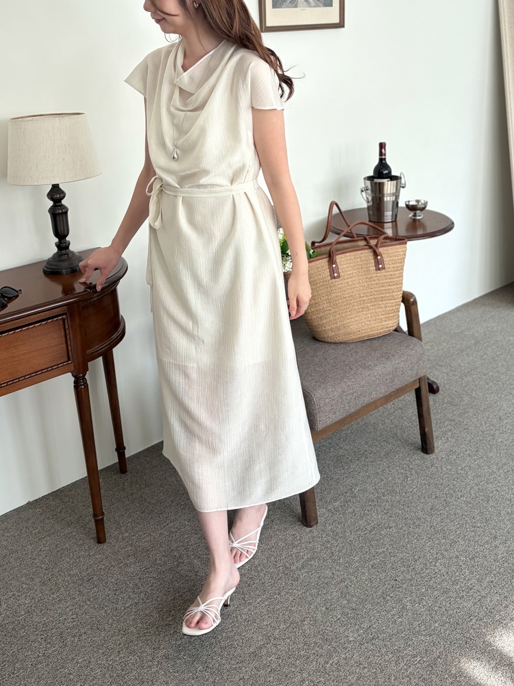 Draped Neck Dress with Inner Slip (Cream)