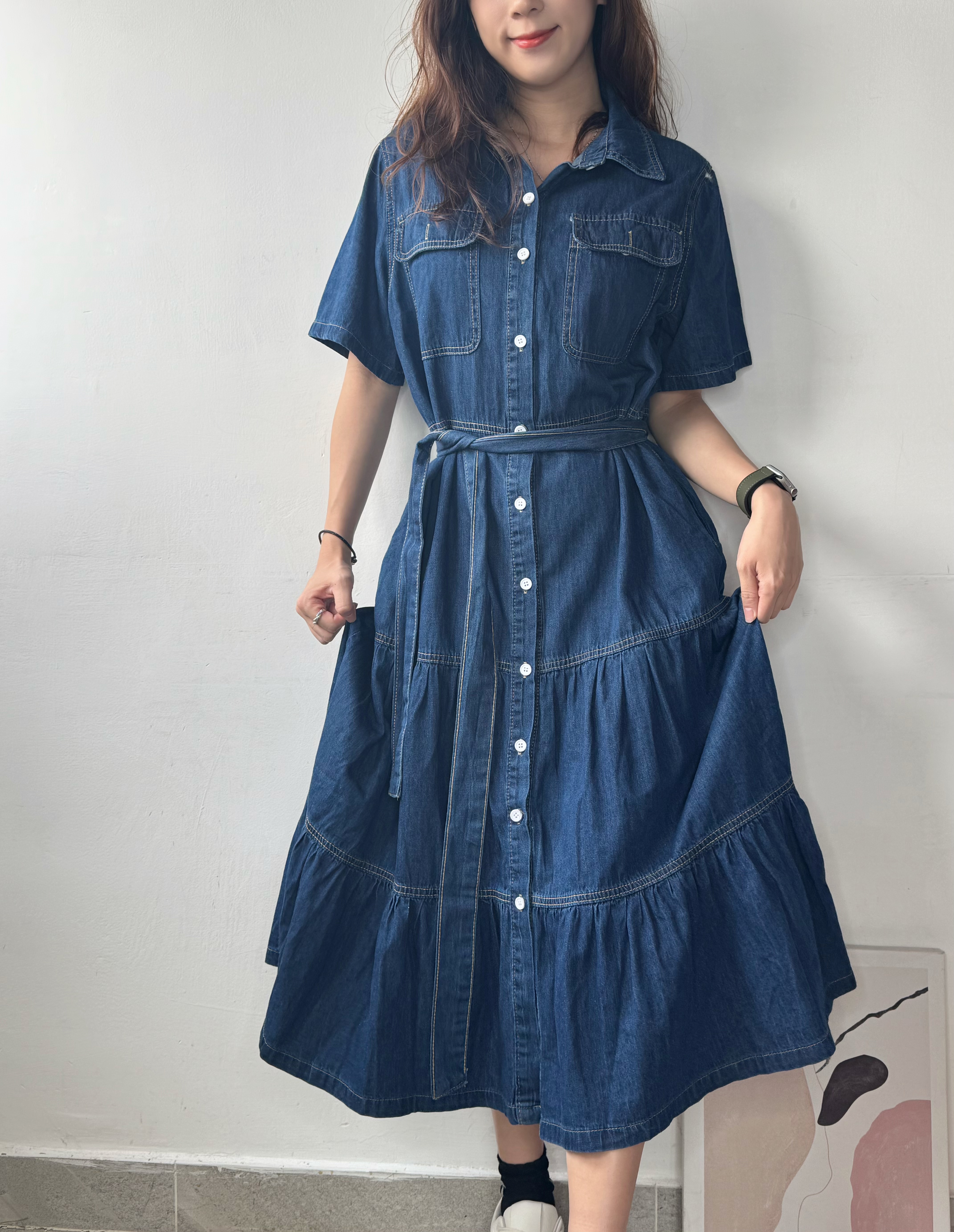 牛仔綁腰連身裙