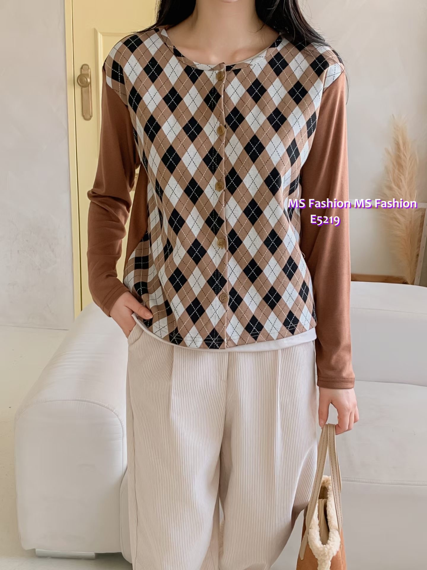 E5219 格紋pattern假兩件top