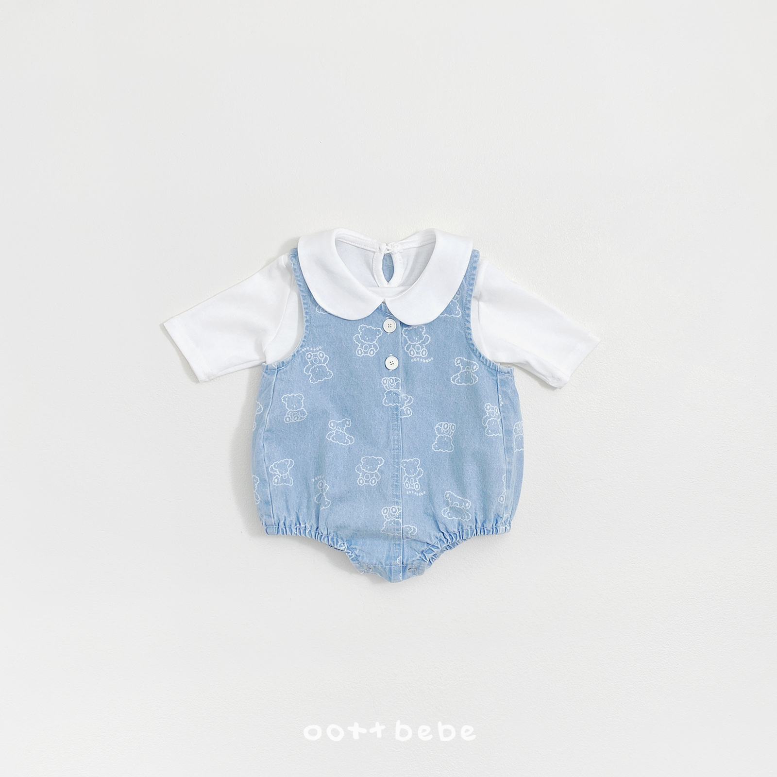 🌸預訂 韓國直送🌸🇰🇷OOTTBEBE兩色小熊滿印牛仔斜紋布背心包屁衣