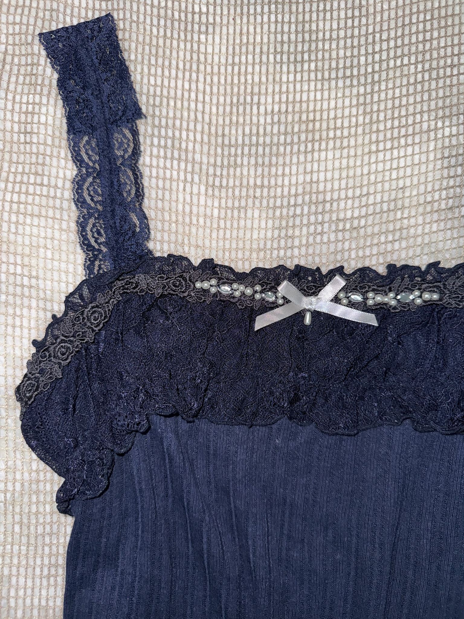 Axes Navy Blue Ribbed Tank with Pearl-Detail Lace
