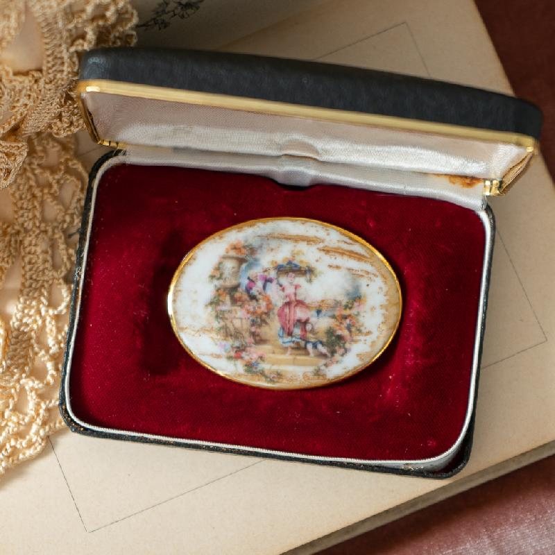 Vintage Romantic Scenic Landscape Picture on Porcelain Brooch (MT1375)