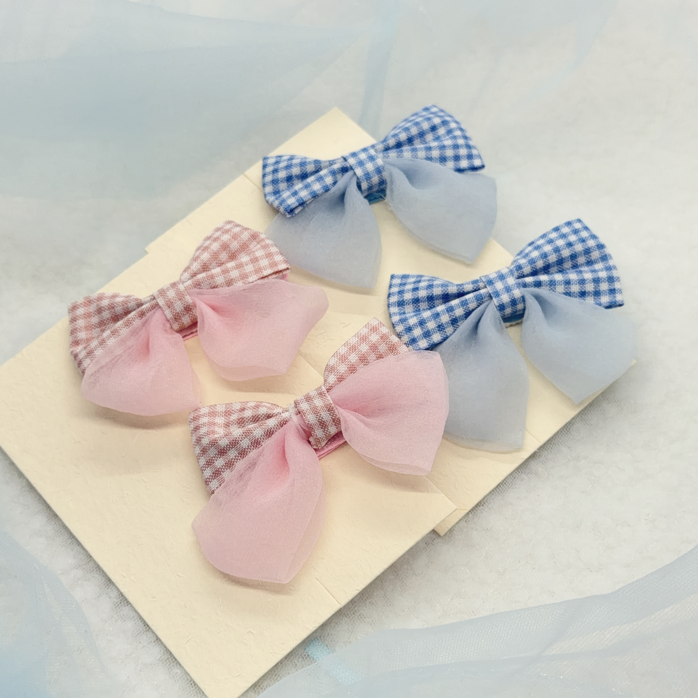 粉紅/粉藍蝴蝶紗鴨咀夾(全包邊) (4pcs/set) *Minimore自家出品 