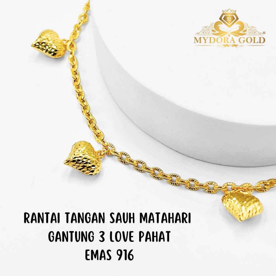 MYDORA Rantai Tangan Sauh Matahari Gantung 3 Love Pahat | EMAS 916/22K