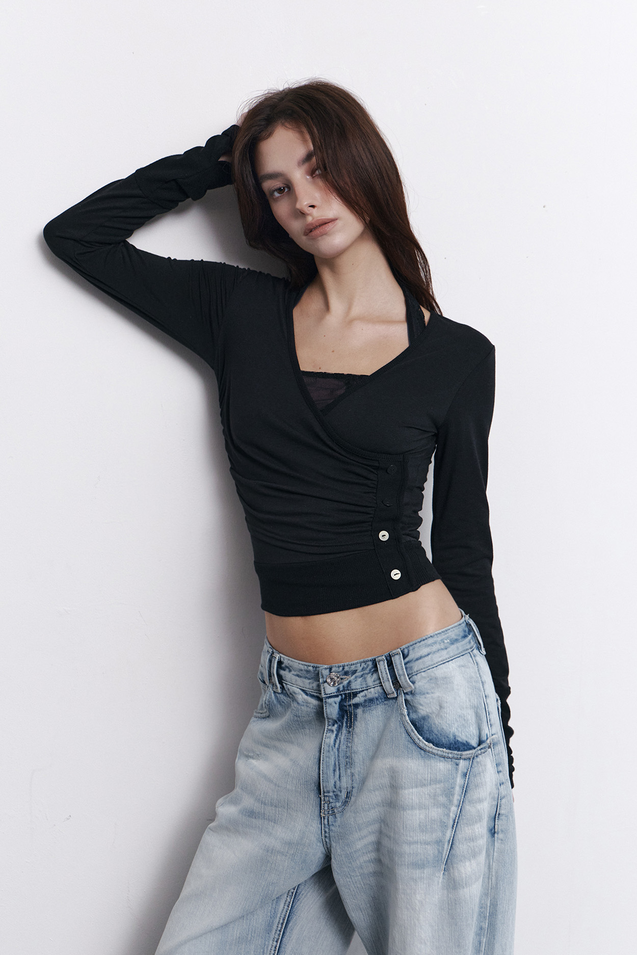 pleaseNOFOLLOW - Selena Button Wrap long sleeve Top (Black)
