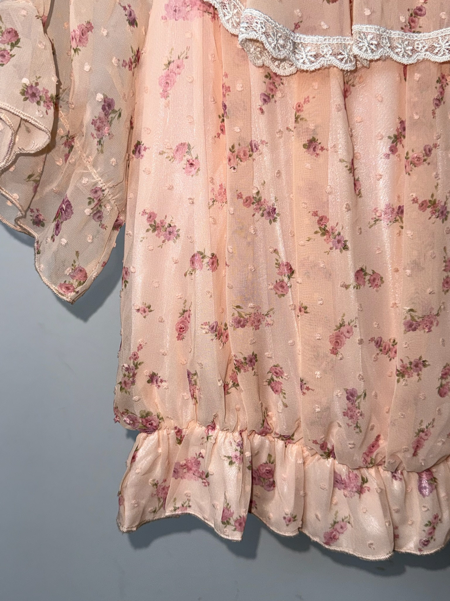 LIiz Lisa Coquette Lace-Trimmed Smocked Floral Blouse