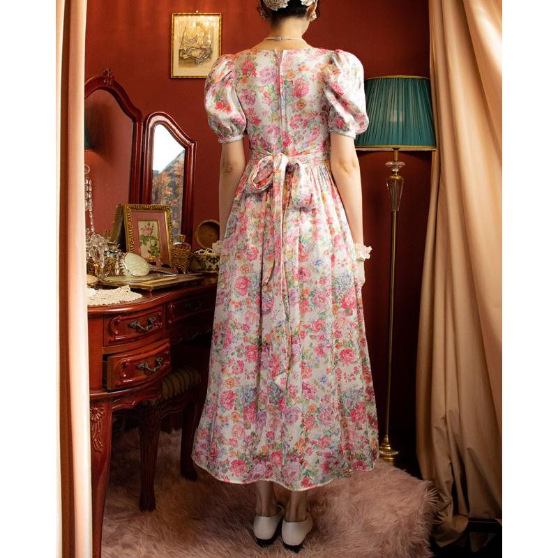 Vintage 1980s Romantic Pink Rose Princess Ankle Length Dress(MT1027)