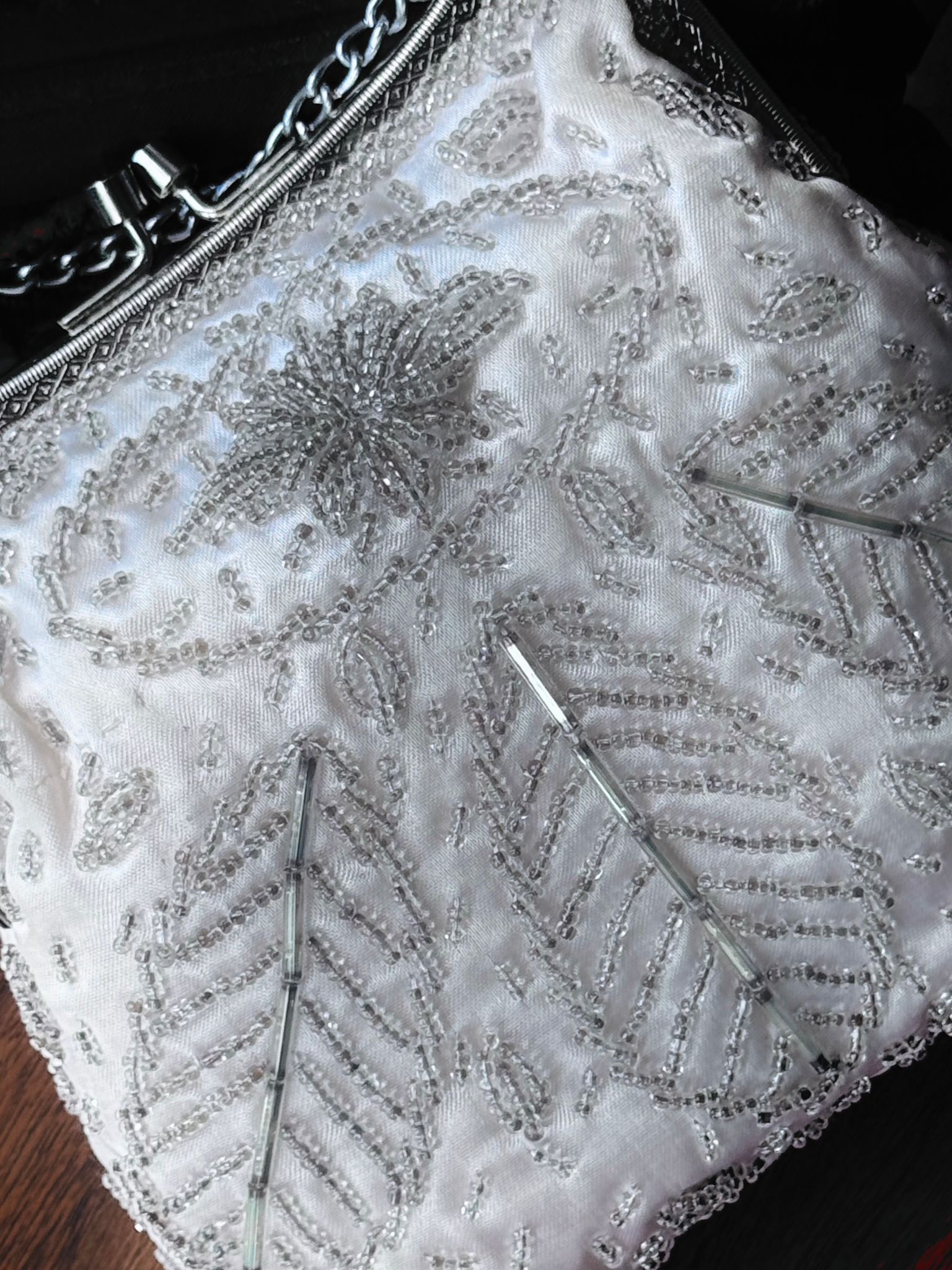 Vintage C.a. 1970s Hand Made in Hong Kong Silver Bead Satin Evening Bag (MT2604)