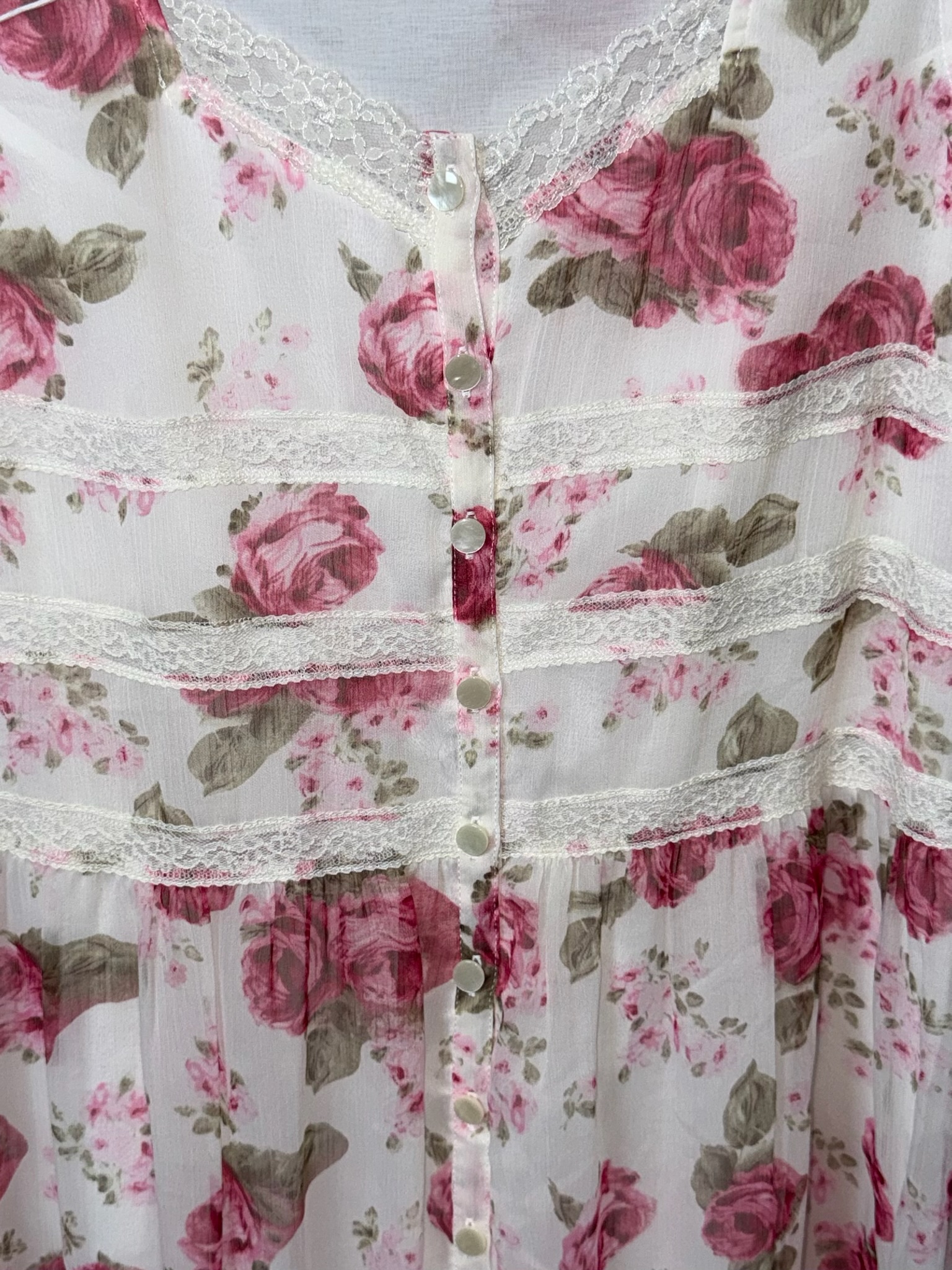 French Vintage Rose Print Lace-Trimmed Midi Dress