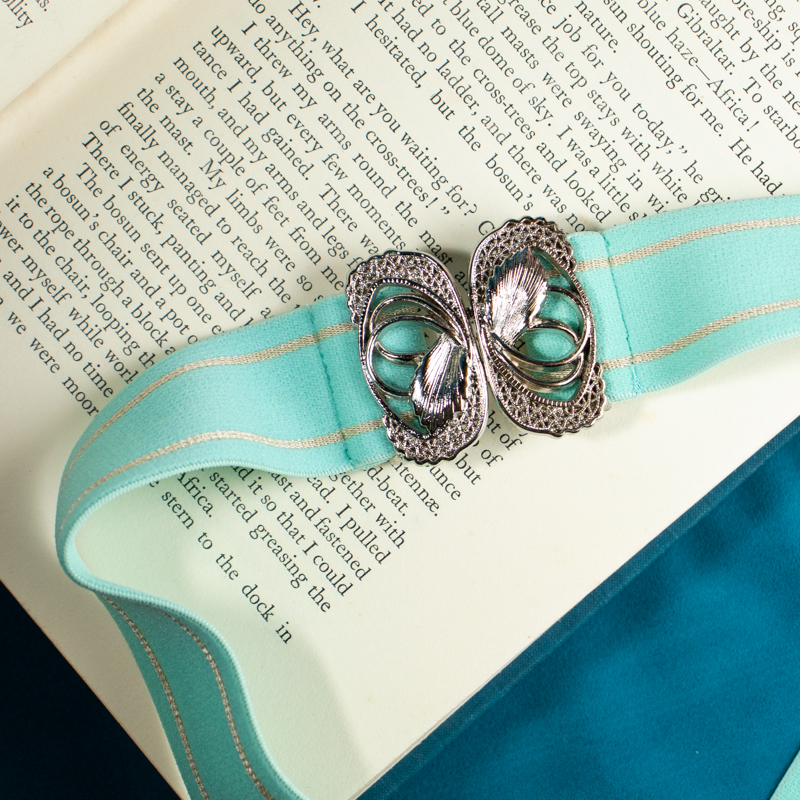 Vintage Japanese Silver Tone Butterfly Belt Buckle with Mint Green Elastic Belt