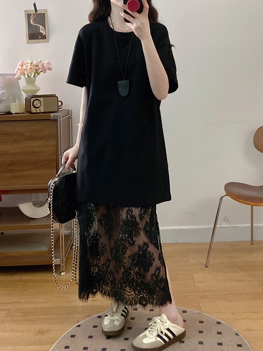 B19(3267) 法式高级感长版上衣与拼接下摆蕾丝透黑长裙黑套装