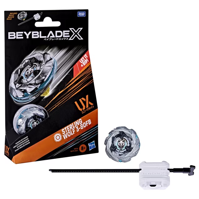 【防禦不破/反擊神物】爆旋陀螺 X 銀狼 3-80FB Beyblade X Sterling Wolf 3-80FB UX Starter Pack Top and Launcher - 獨特防禦反擊型、FB金屬軸心、附專用發射器