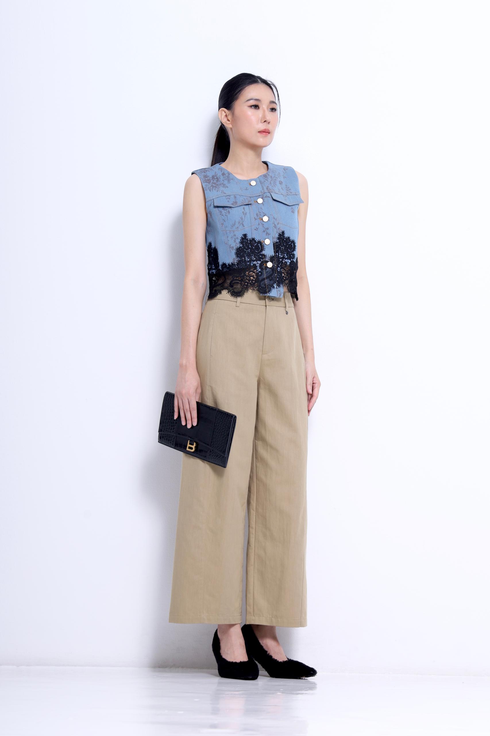 CB2786 DENIM PATTERN LACE PATCH CROP TOP