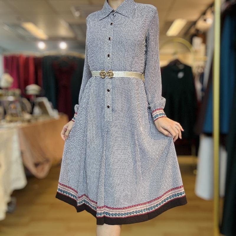 Vintage Japanese Dotty with Contrasting border Pattern Long Sleeve ShirtDress(MT2260-15)