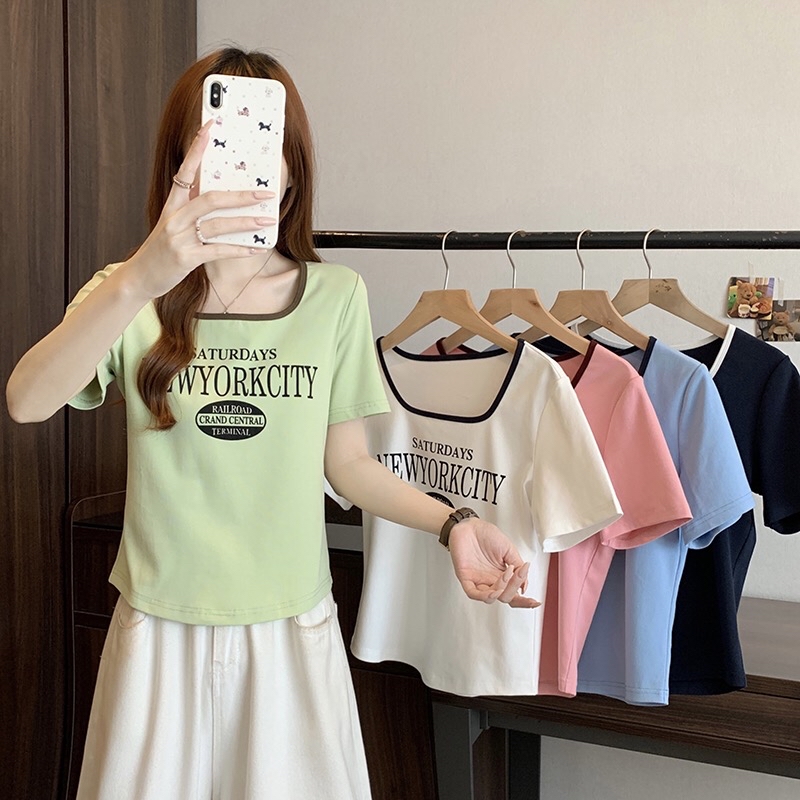 A59(33858) 韩版时尚撞色U领NEWYORK CITY 5色上衣