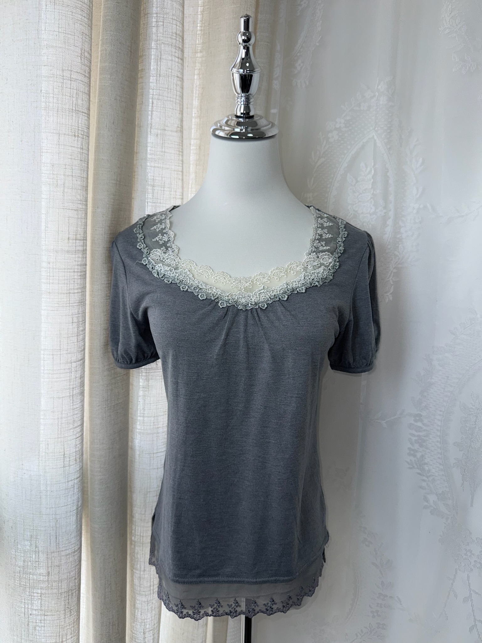 Axes Femme Grey Short Sleeve Top with Lace Neckline