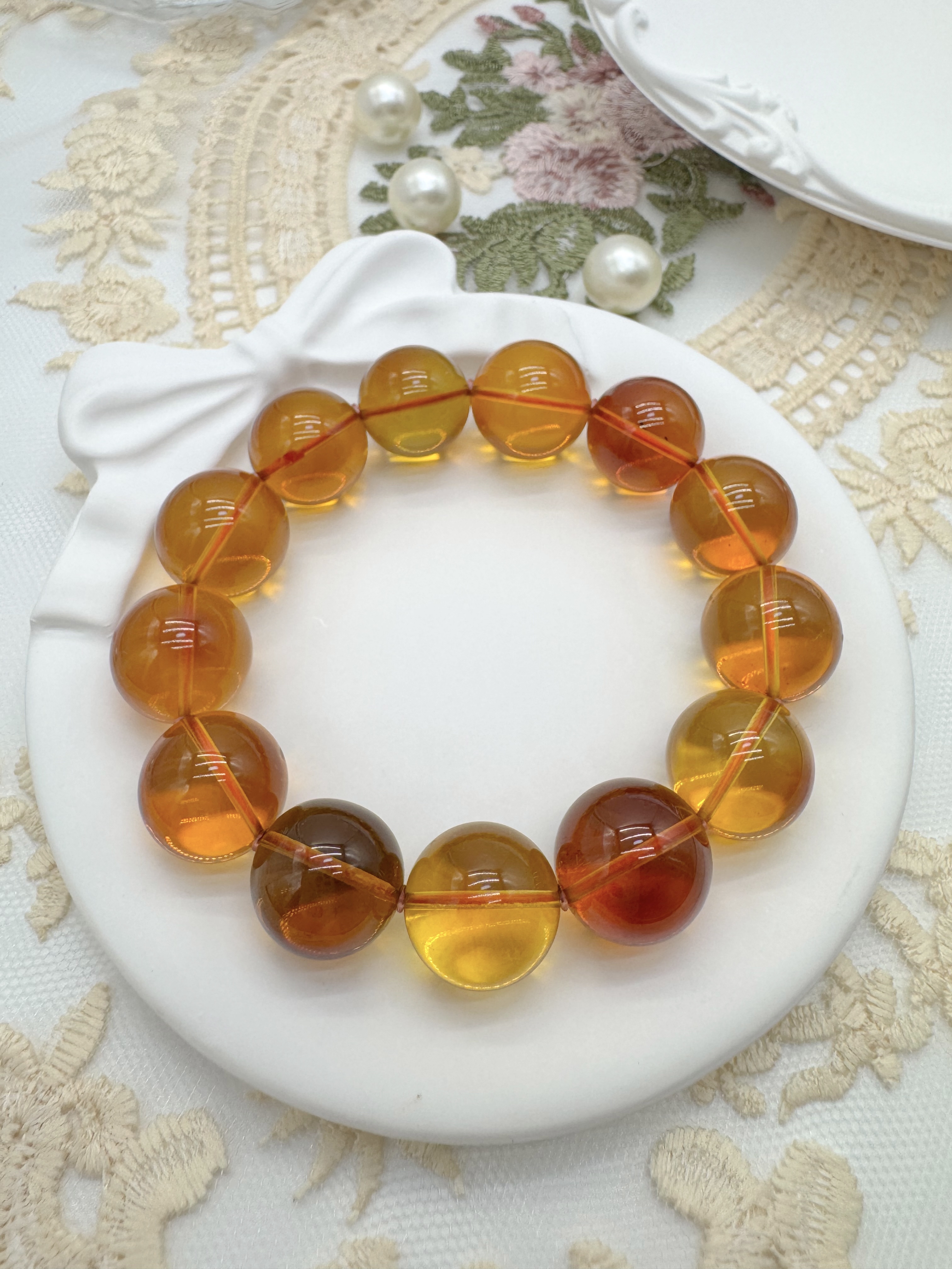 緬甸極品金紅血珀圓珠手串(13-14+mm)