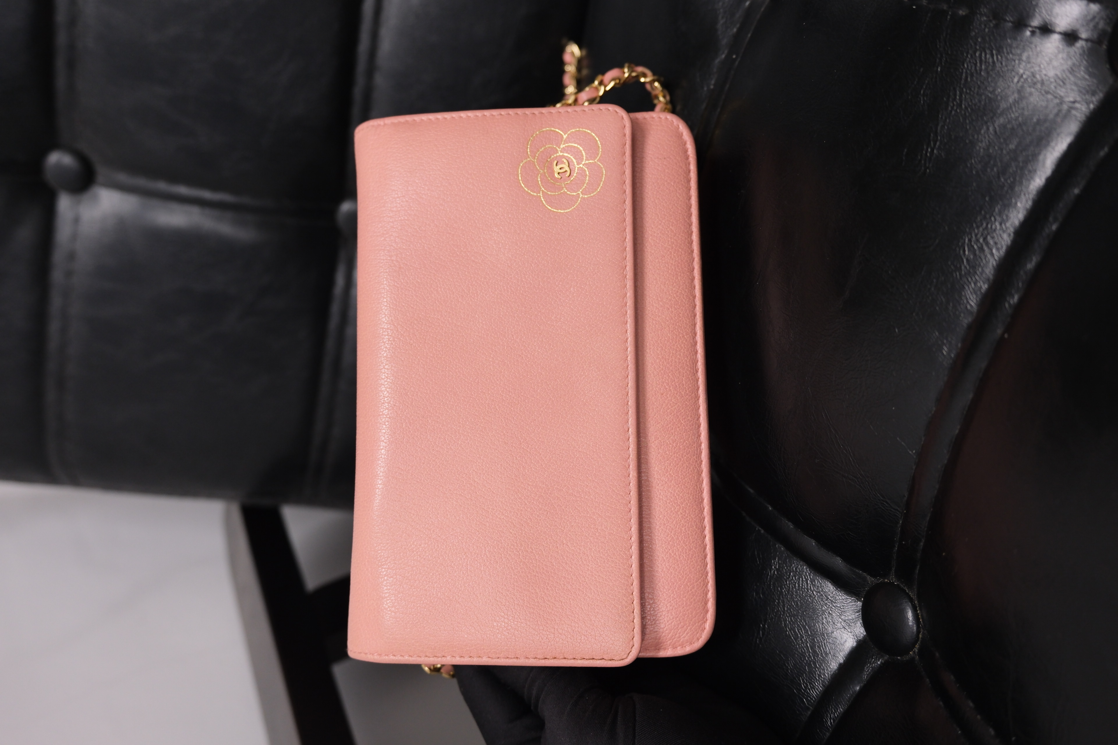 Chanel Camelia Leather Chain Wallet Pink Gold