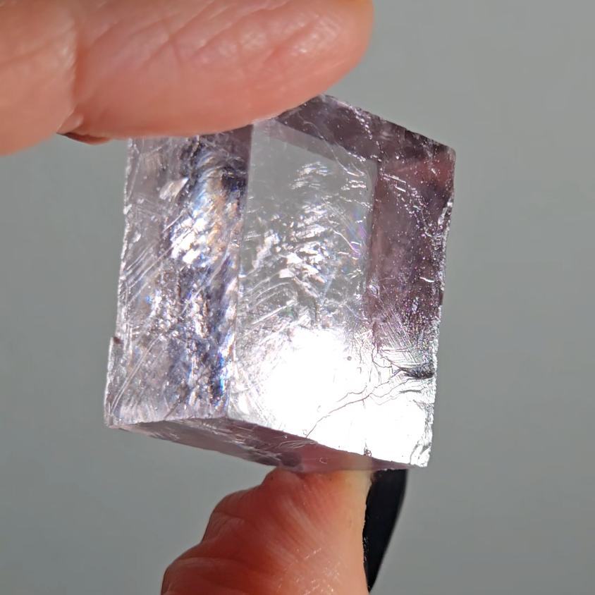 Purple calcite cube with rainbows - PC5