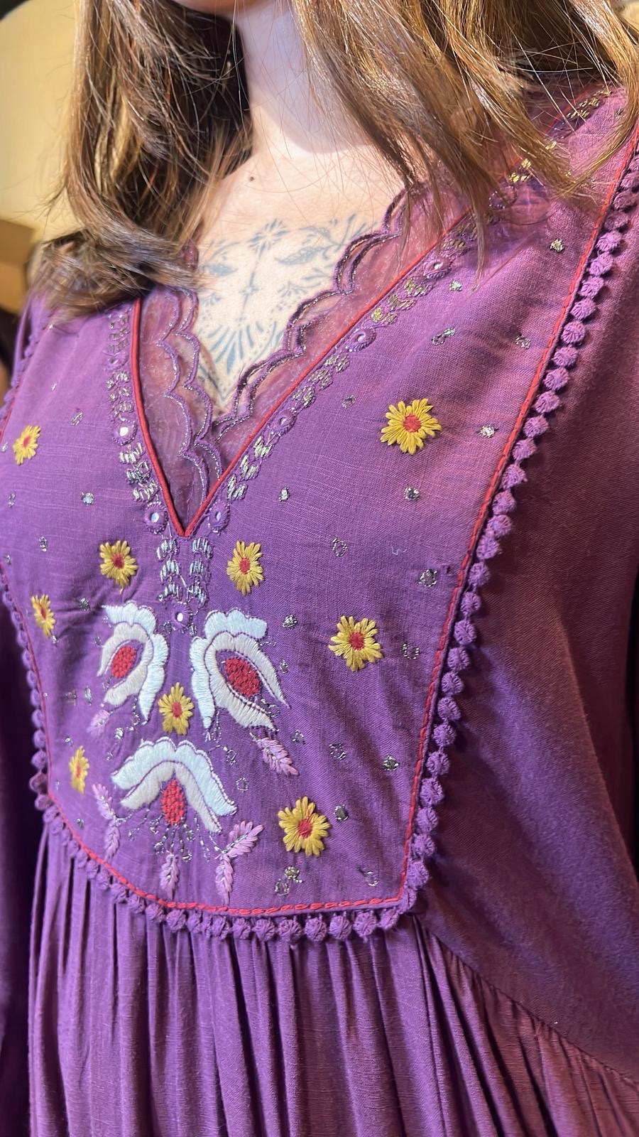 Purple V-neck Double Lace Collar Emb. OP 48"  #1023