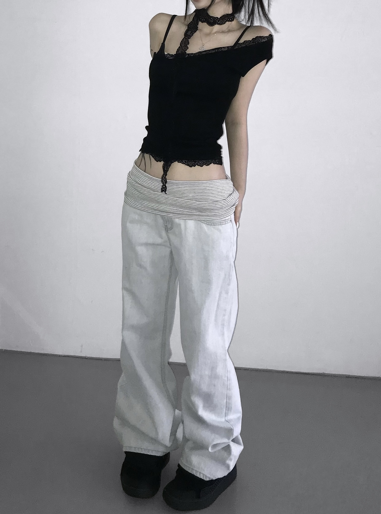 Asymmetrical One-Shoulder Lace Trim Top with Scarf