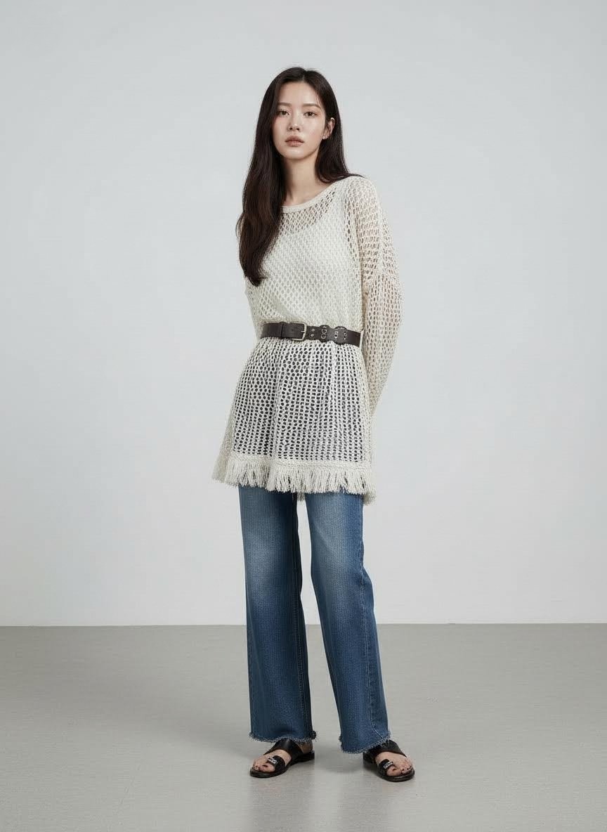 米白色鏤空流蘇針織上衣