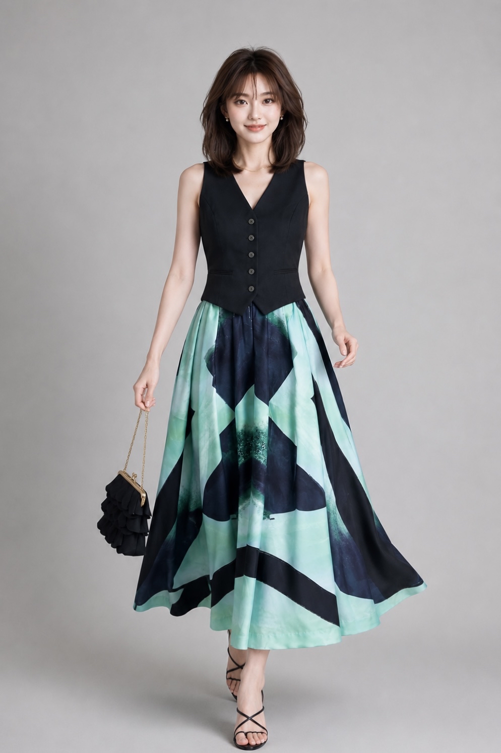 601121 Monochrome Abstract Print Maxi Skirt