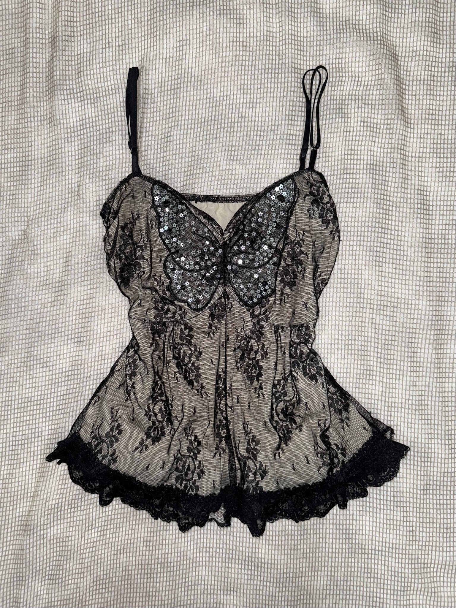 Sequin Butterfly Lace Cami with Ruffle Hem