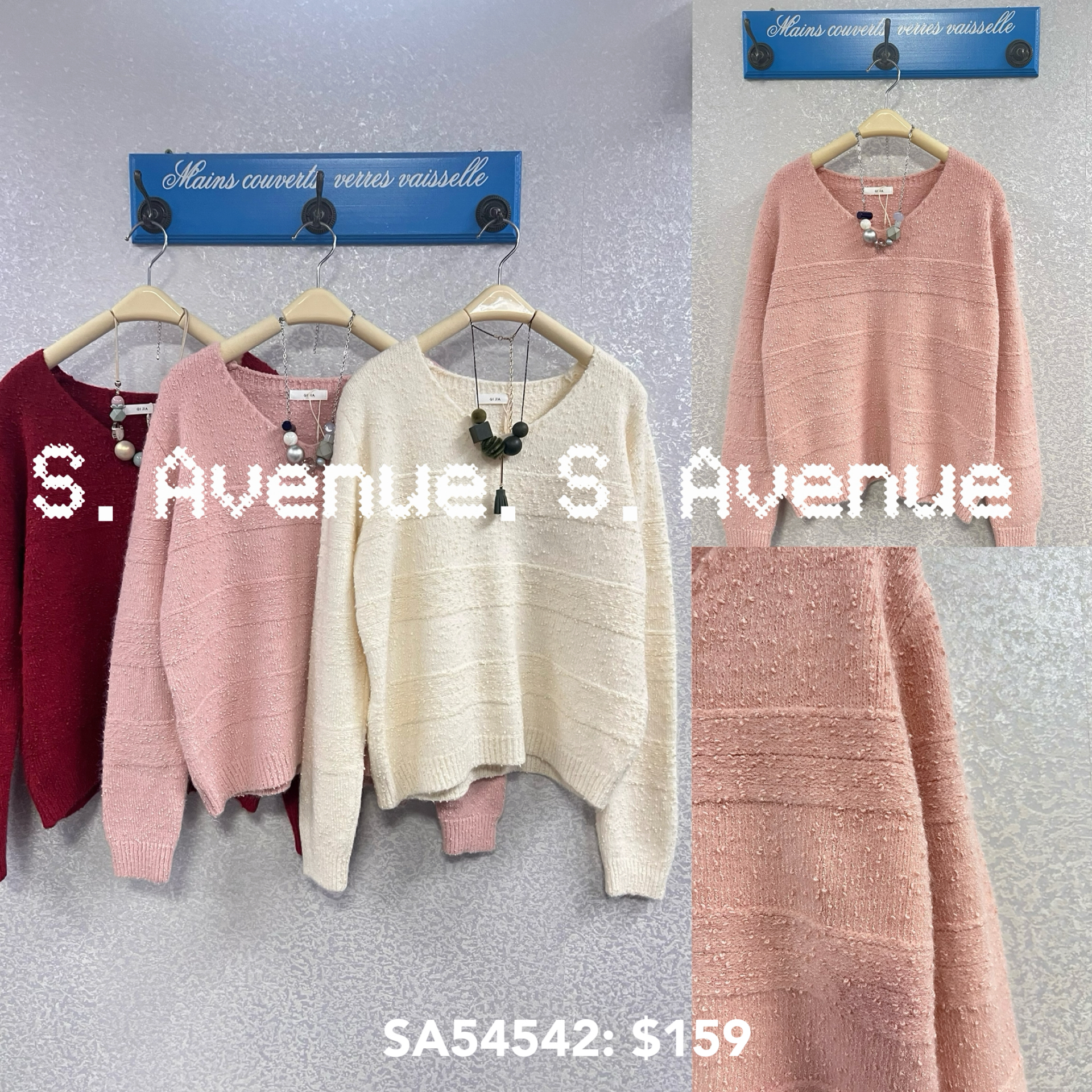 SA54542: 長袖V領暗間毛冷top