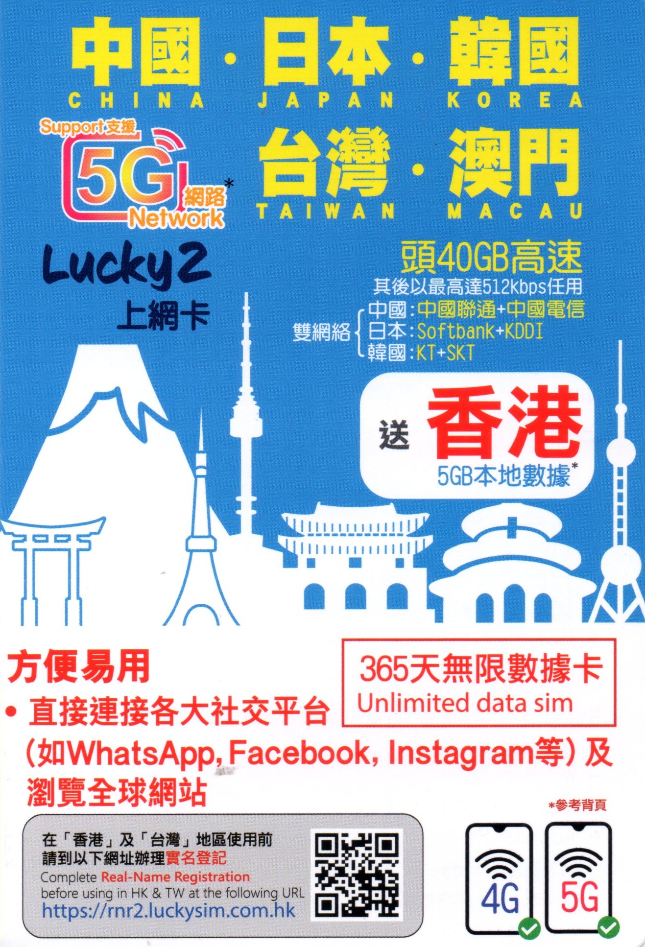⭐新升級至40GB+5GB⭐📬限時包平郵📬🔥熱銷卡🔥🐼LUCKY Sim 4G/5G中日韓台澳5地365天無限上網卡 亞洲1年 無需登記 即插即用 China Japan Korea Taiwan Macau 漫遊卡/數據卡/Data card/Travel sim/Asia