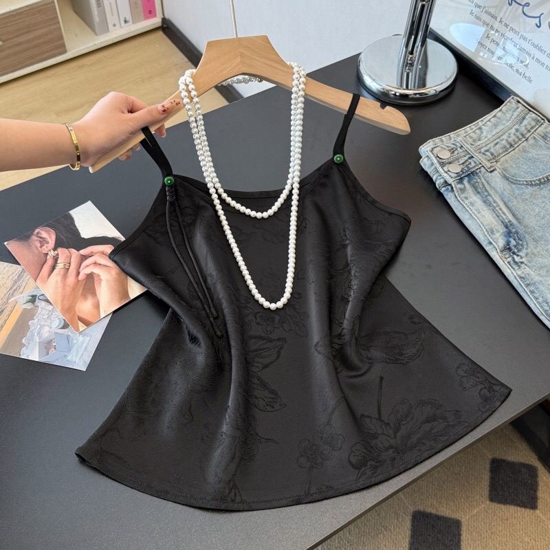 B05(0123) 新中式吊带边绿玉扣重工提花黑杏内搭 