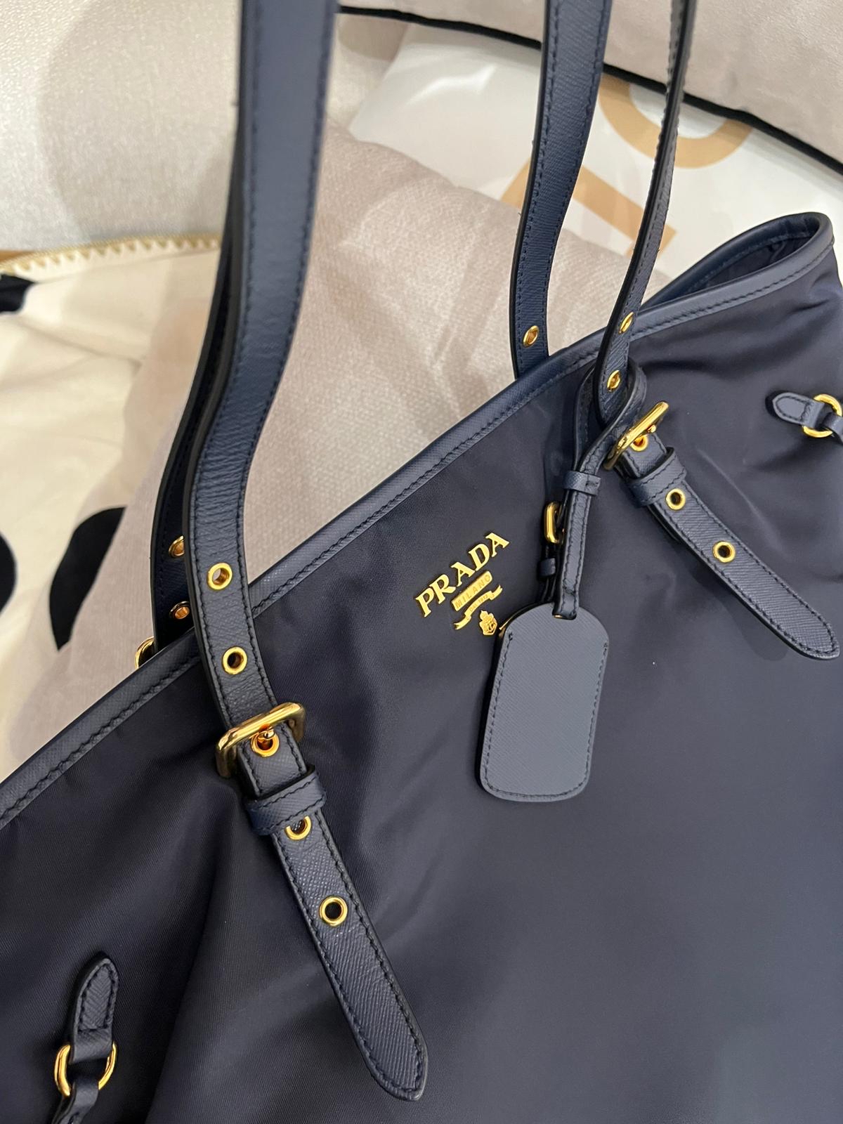 Prada Nylon Shopping Tote Bag Navy 100%Authentic, 98%New ✅ certificate 