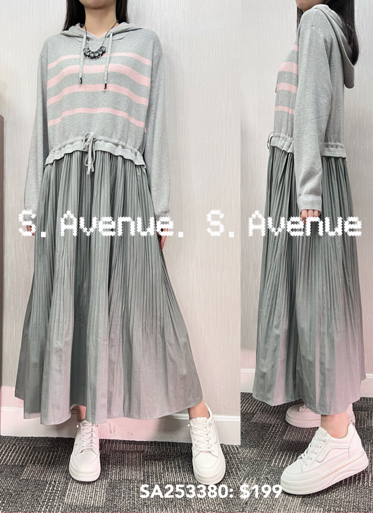 SA253380: 長袖有帽間條束腰op