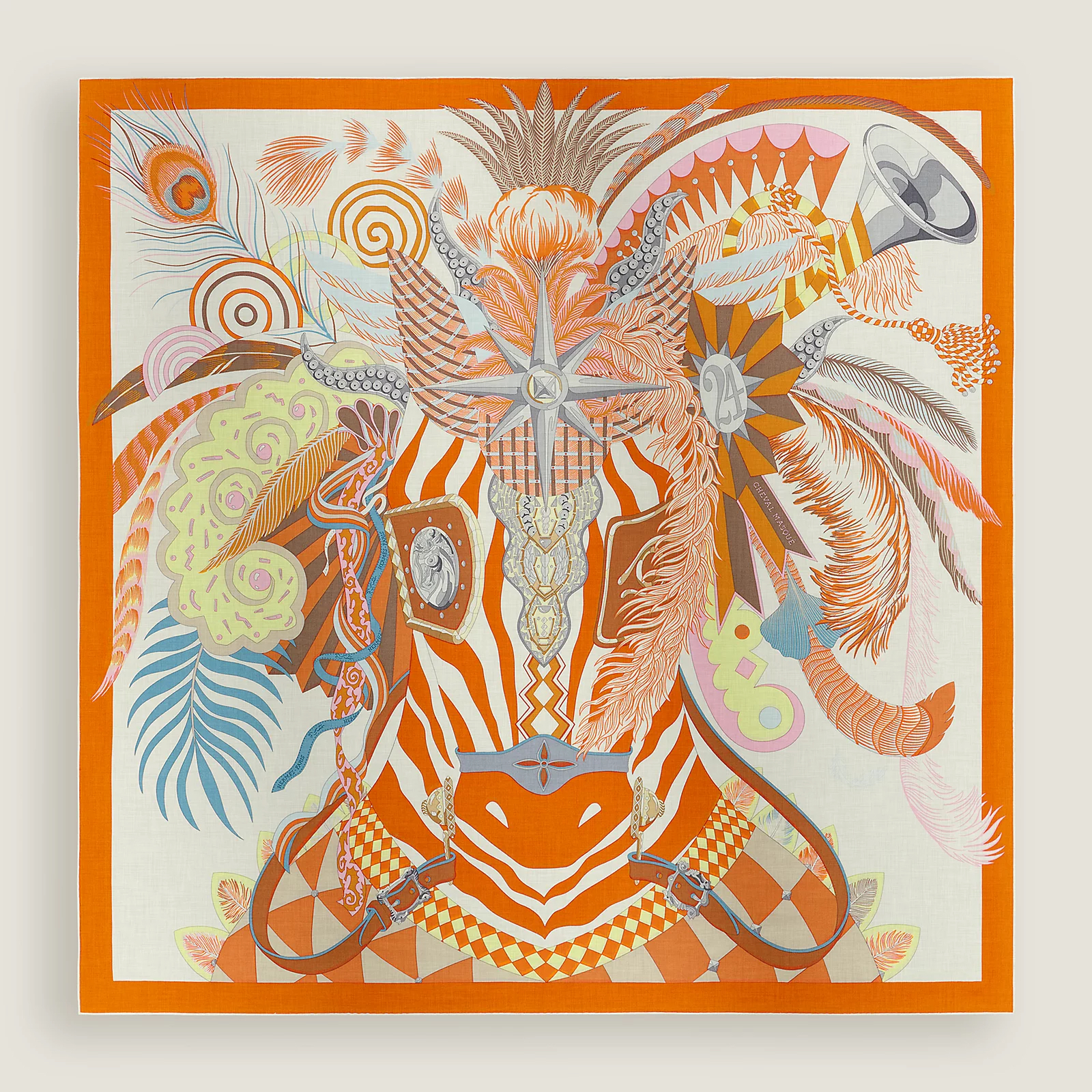 Hermès 全新🆕 絲絨混紡，飾有手工捲邊 Cheval Masque 假面駿馬圖案圍巾披肩