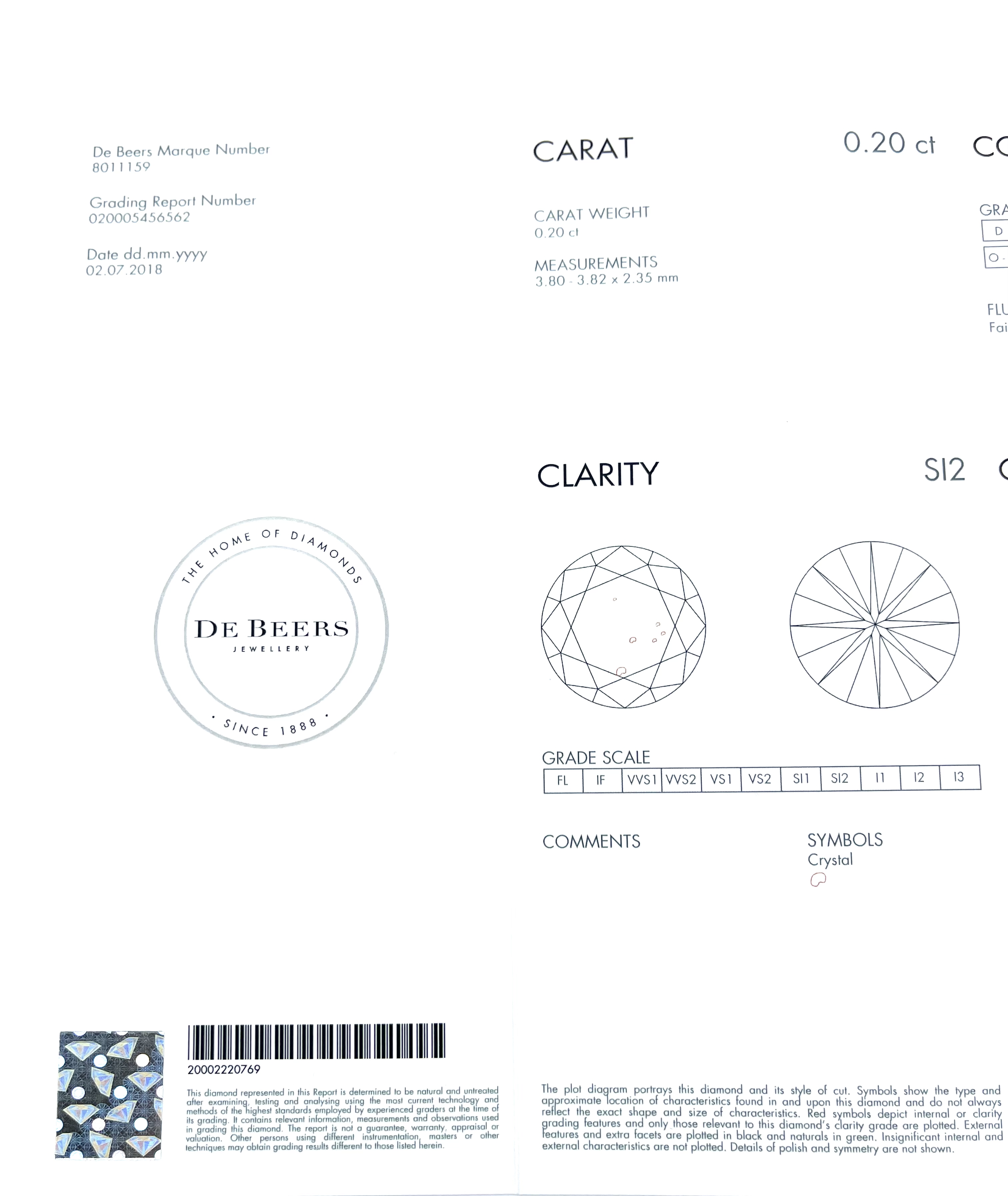 Pre-owned De Beers Diamond 0.20ct / Product Code: 26041212