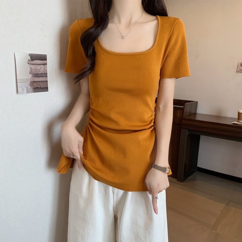 B315(1065) 韩版方领显瘦双边腰镂空抽绳黑黄针织上衣