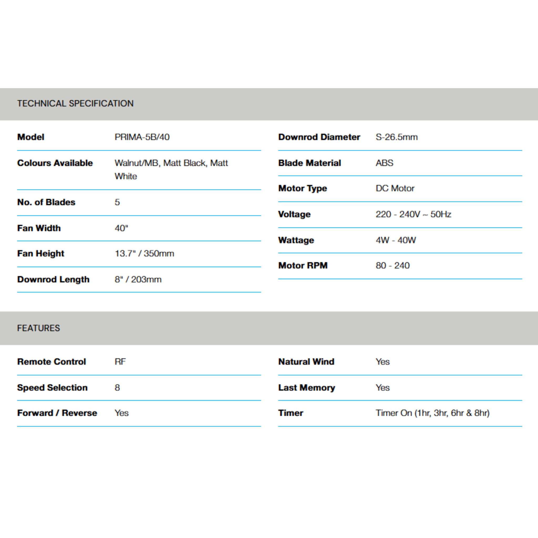 Alpha 40" Prima DC Motor ABS Ceiling Fan (PRIMA-5B)