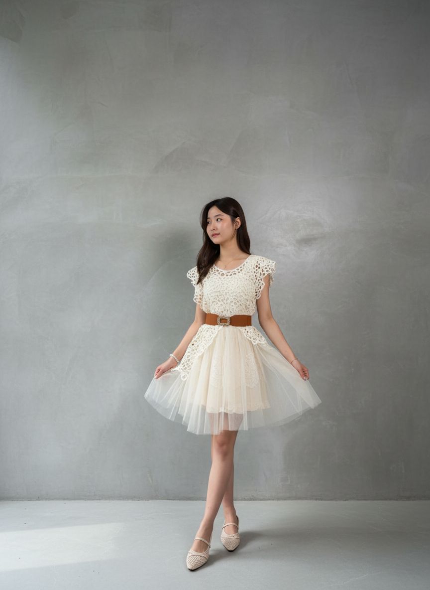 優雅蕾絲拼接蓬蓬裙洋裝（腰帶另行購買）