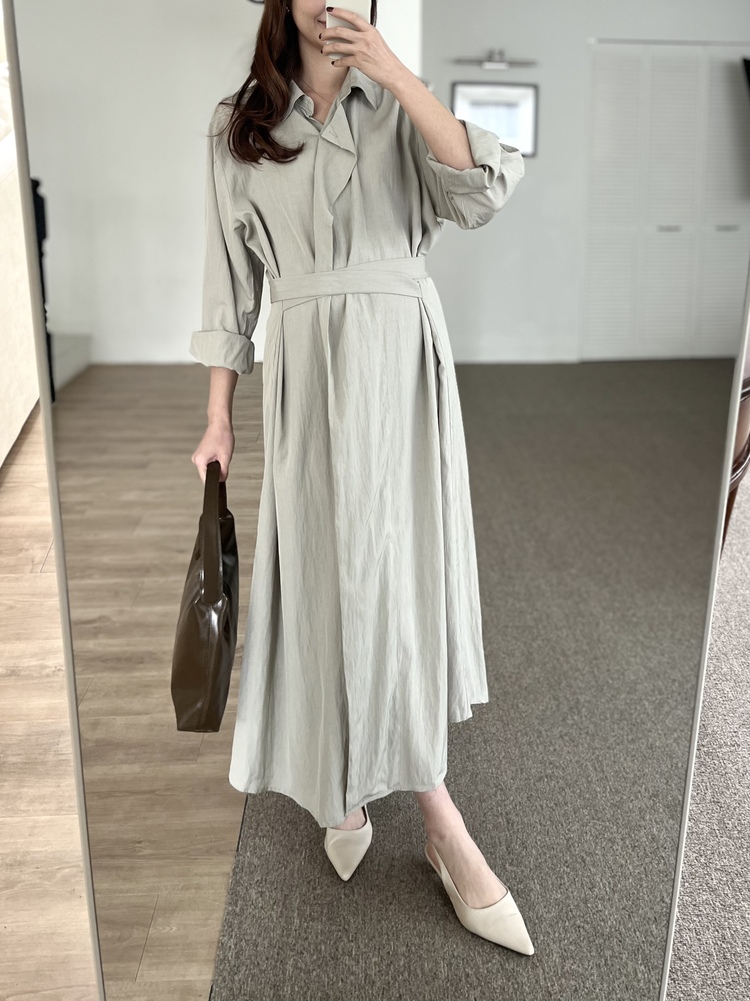 Minimal Belted Shirt Dress (Khaki)
