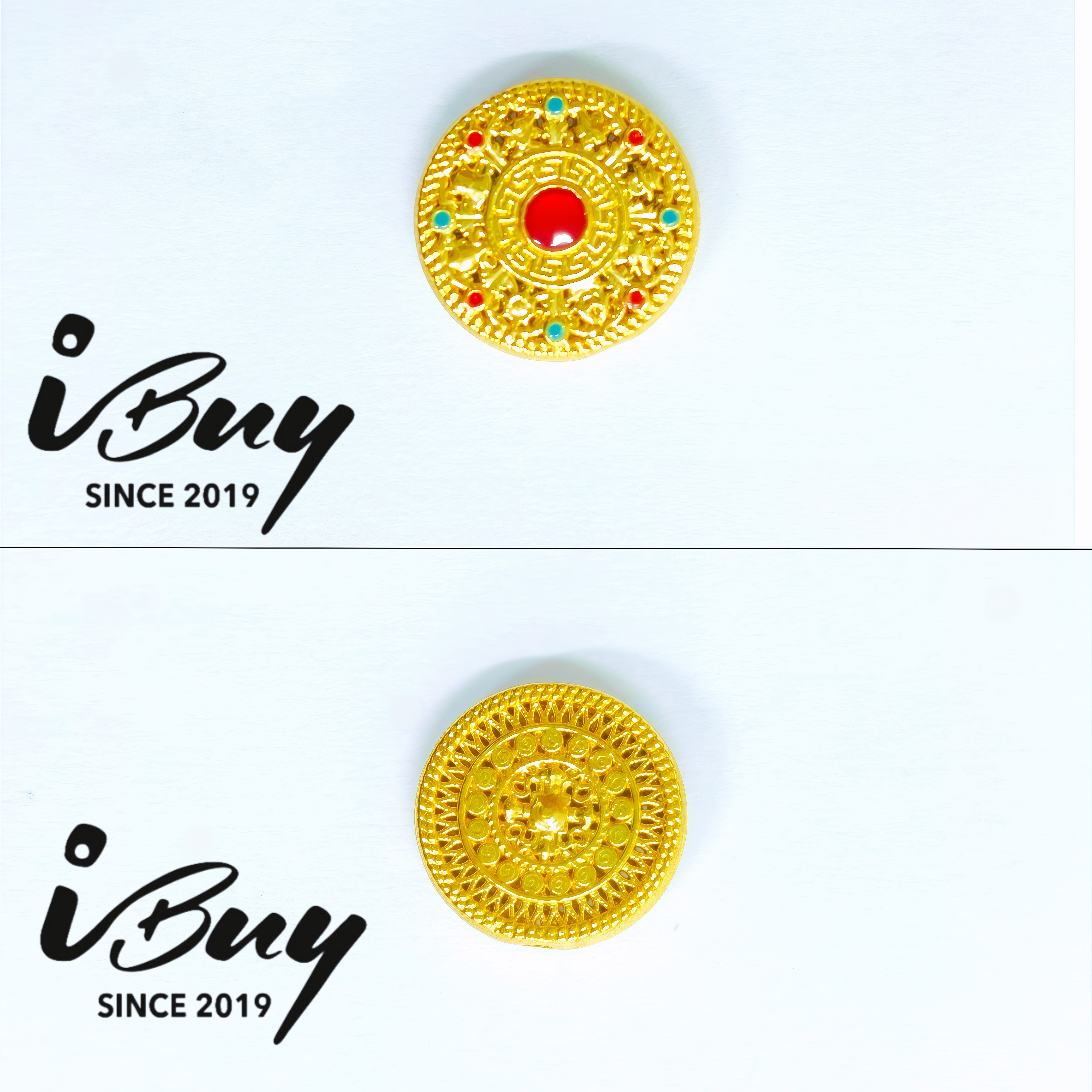 999 GOLD ENAMEL EIGHT AUSPICIOUS SYMBOLS DHARMA WHEEL CHARM 999 金 珐琅八宝罗盘串咀
