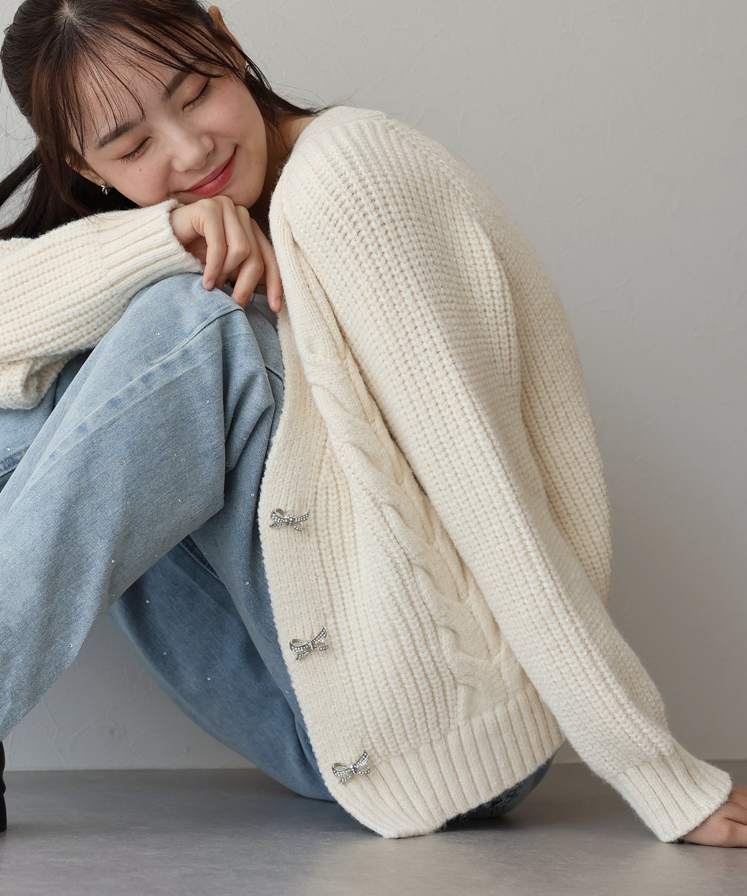 <限量現貨><JP> 軟綿綿～🎀 蝴蝶結鈕麻花針織外套* 3色入 