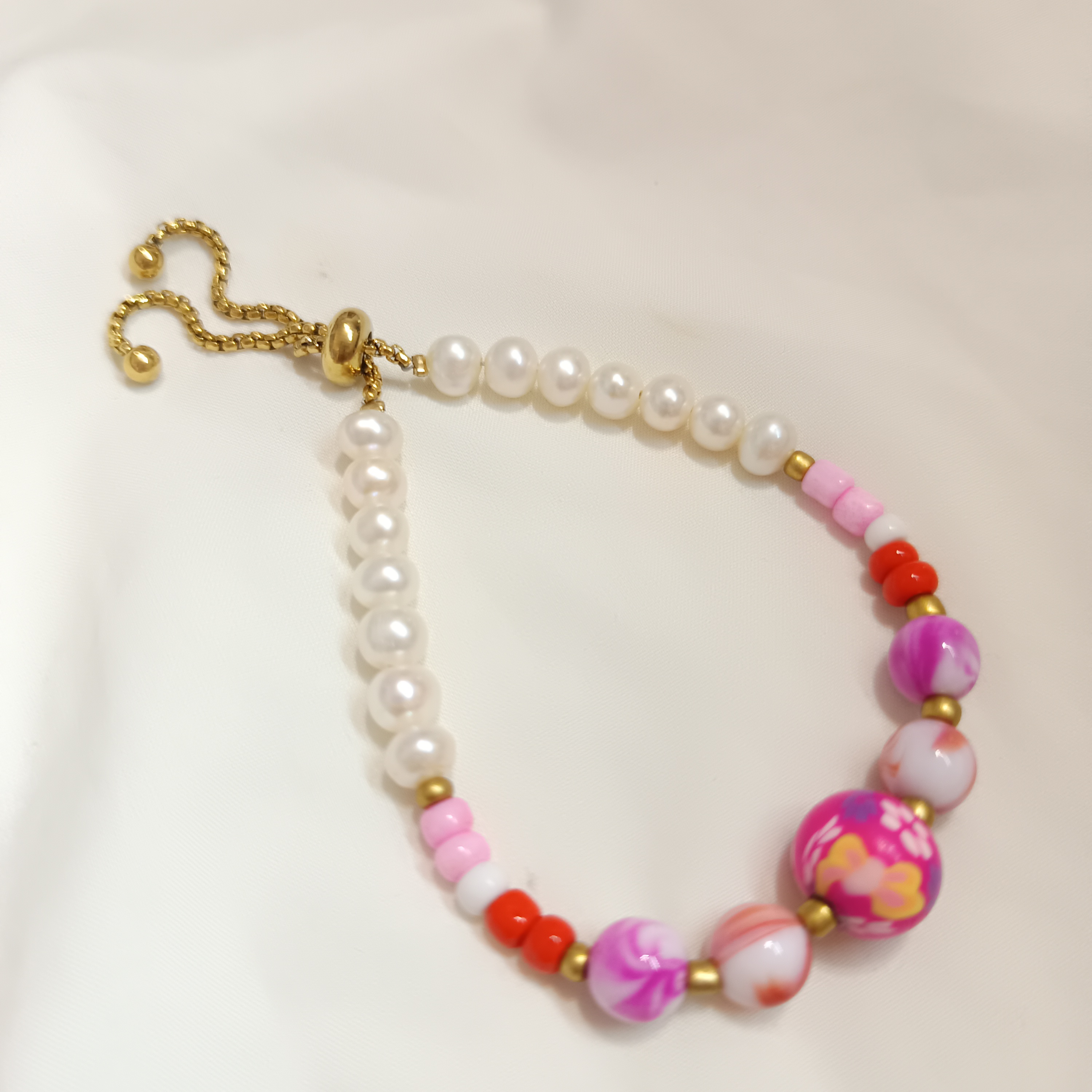 日式壓克力水彩花球珠+精品淡水珍珠索帶扣手鍊