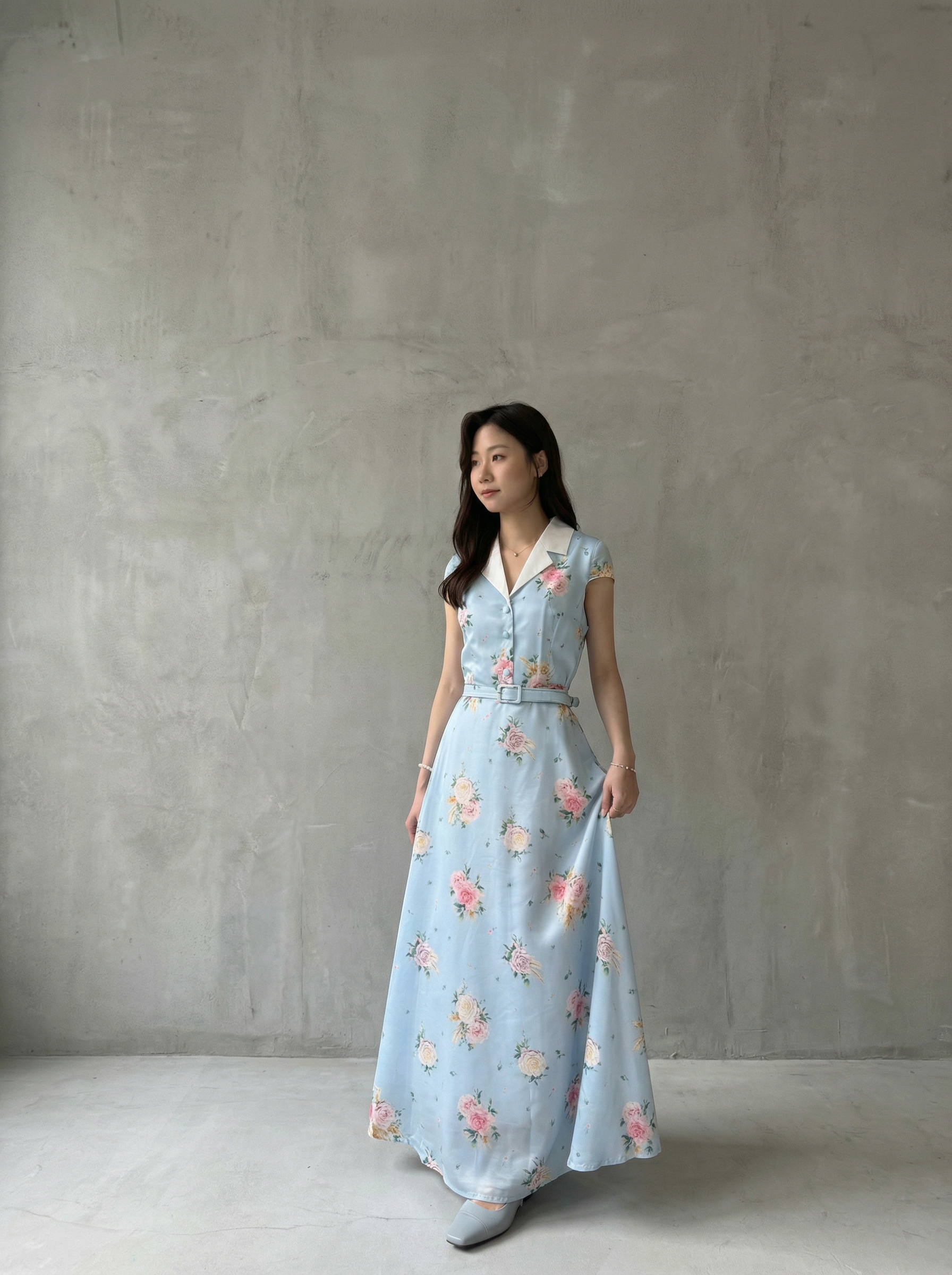 復古花卉領口連衣裙