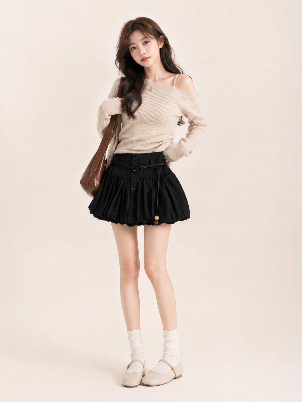 A021022 High Waist Bubble Skirt with Belt