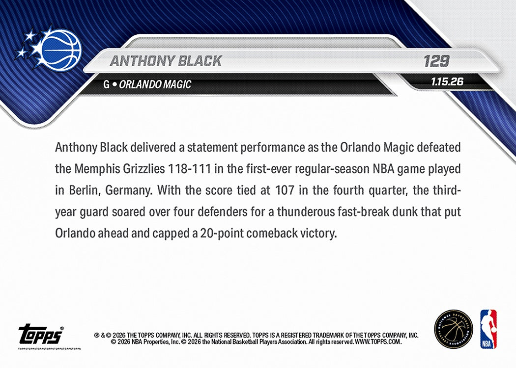 Anthony Black - 2025-26 NBA Topps NOW® #129 Orlando Magic 紀念卡｜PR 3,364