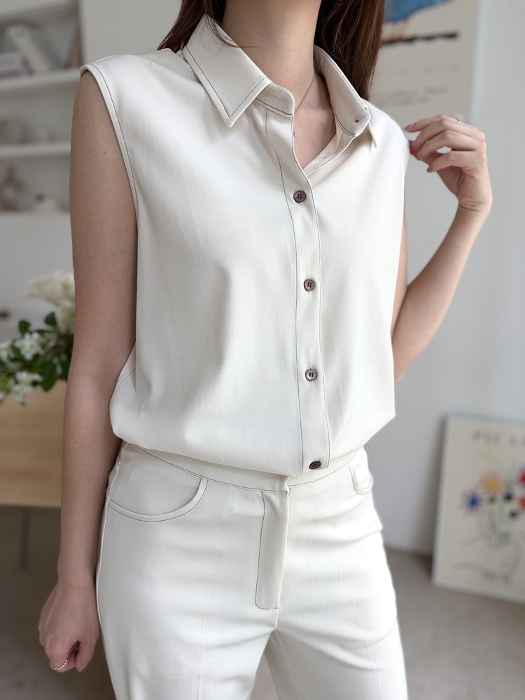 Topstitched Sleeveless Blouse (Ivory)