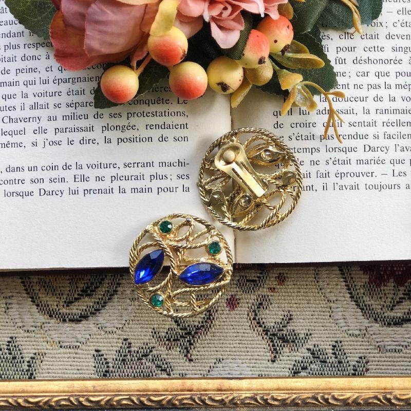 1980s Blue & Green Glass Stone Motif Pattern Statement Clip Earrings（MT1877-2）